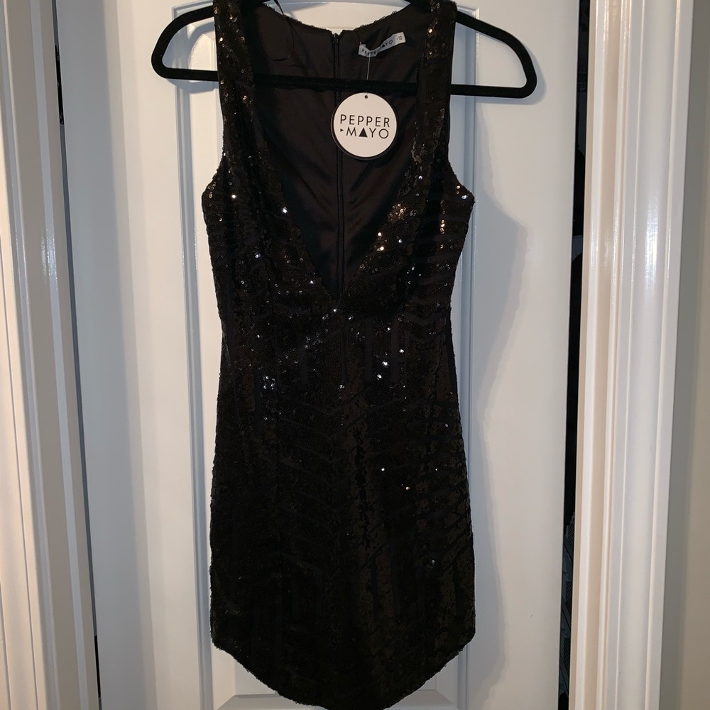 Black Sequin Plunge Dress